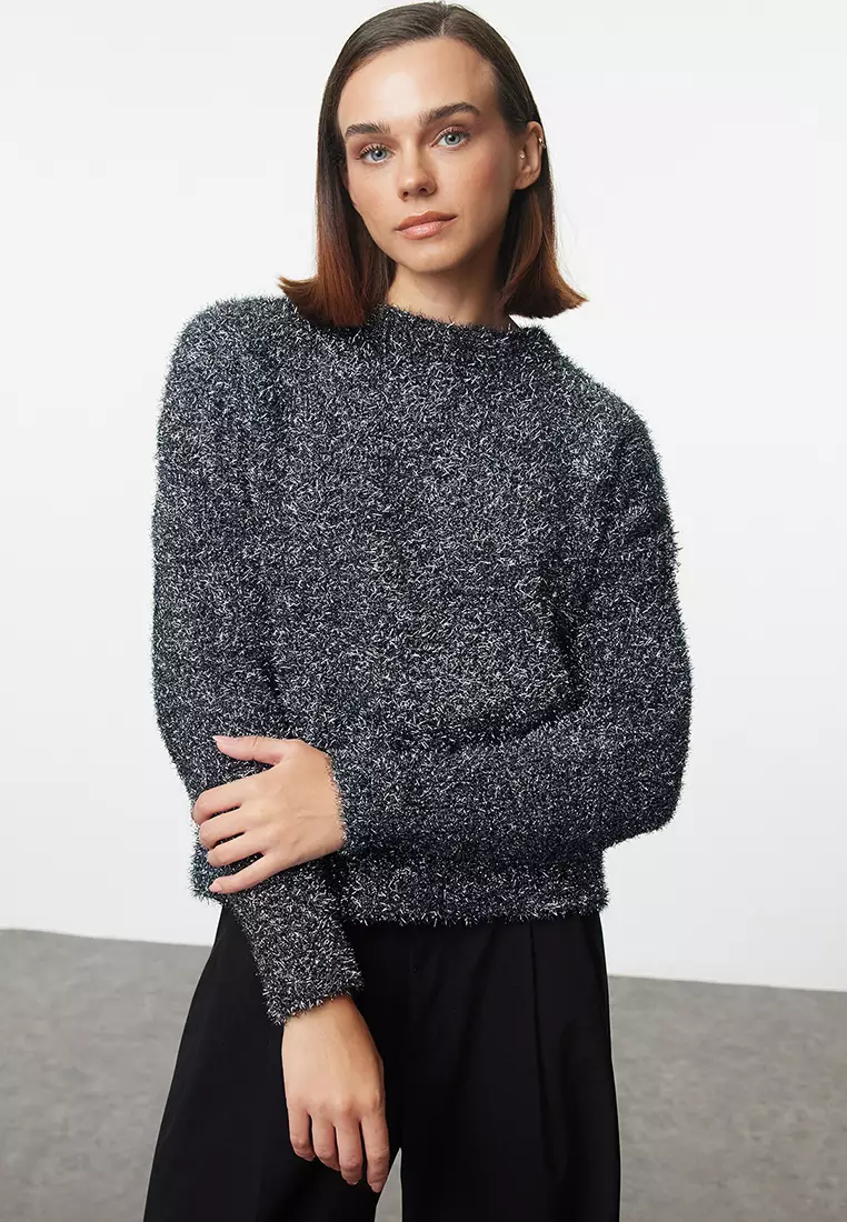 New Year's Themed Anthracite Glitter Knitwear Sweater