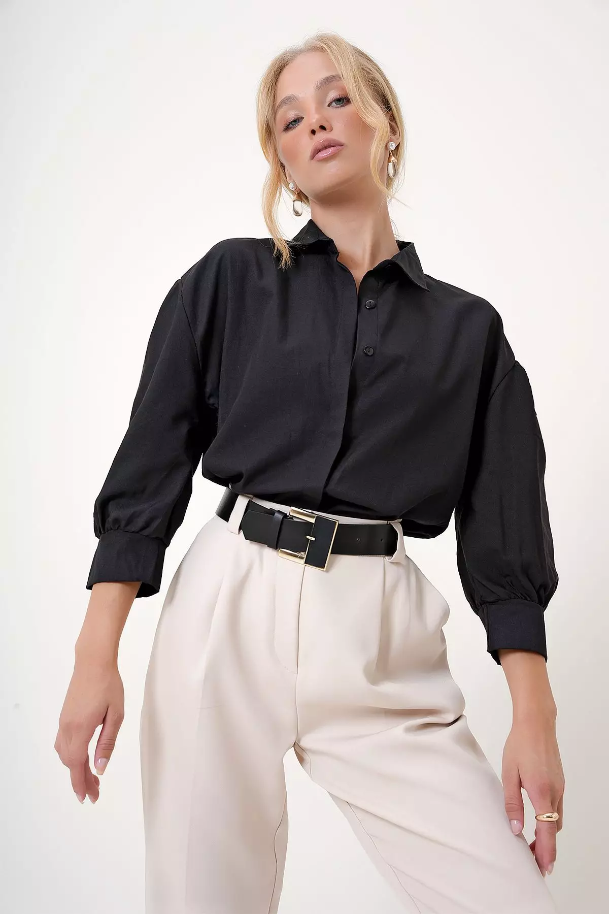 Balloon Sleeve Basic Poplin Shirt