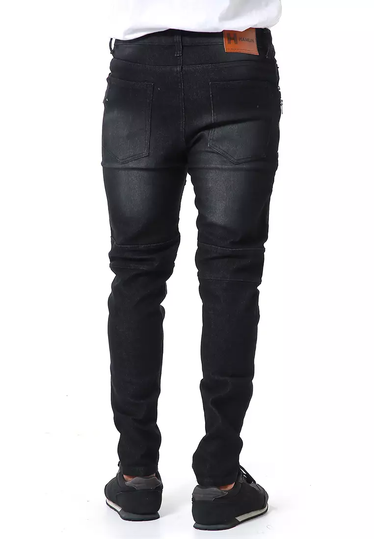 Nemanja Celana Casual Pria Biker Jeans Long Pants Zipper Design Material Denim ORIGINAL - Black