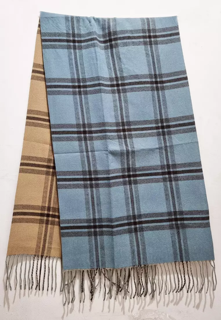 Aksesoris Wanita Double Side  Checks Motif Cashmere Pashmina Shawl Syal Wanita Kotak Kotak Misty Blue & Beige