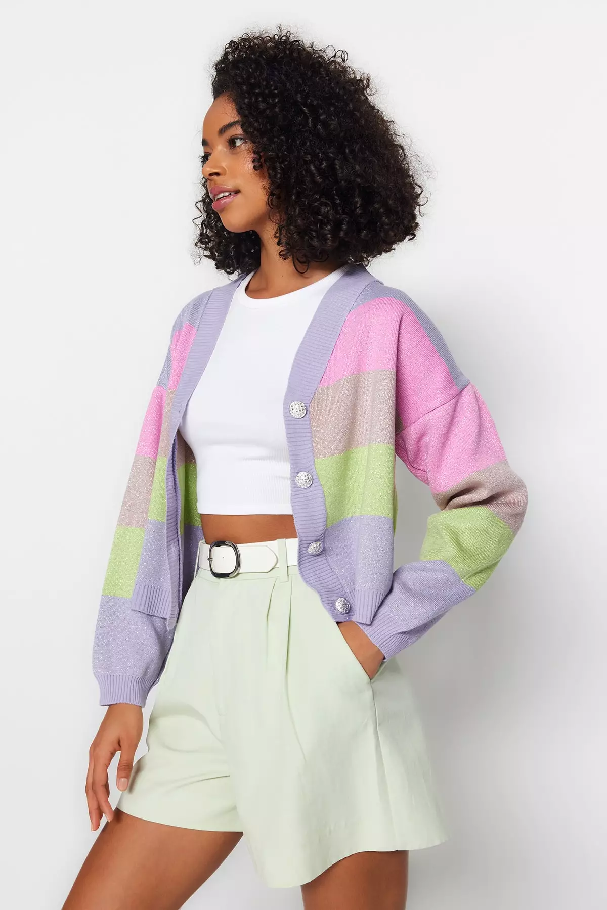 Pink Color Block Button Up Cropped Cardi