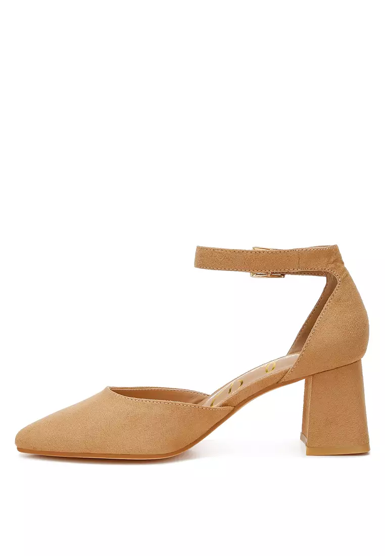Microfiber Block Heel Sandals in Beige