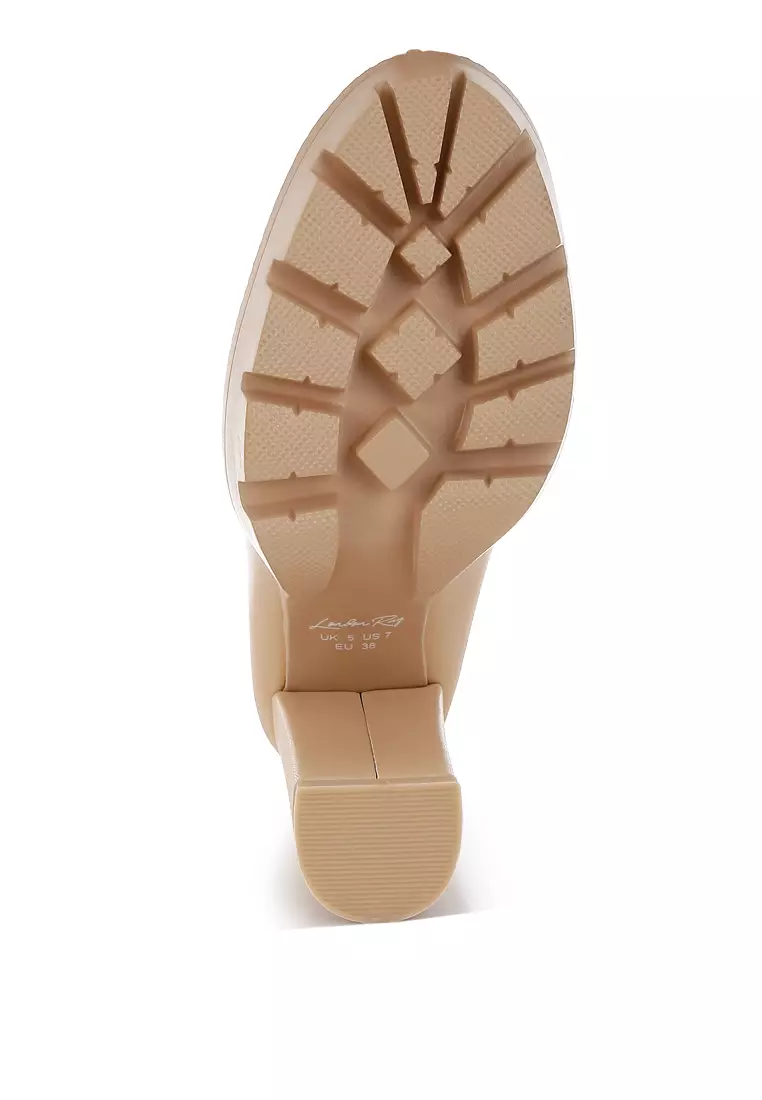 Chunky High Block Heeled Loafers in Beige