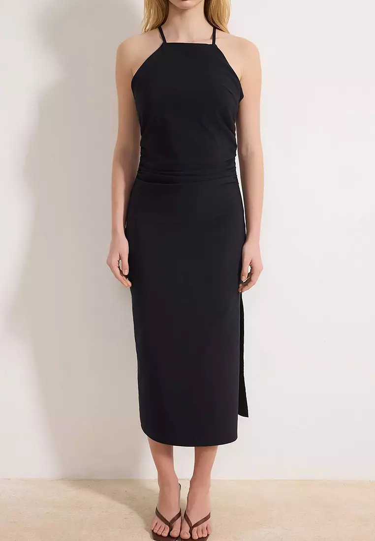 Navy Blue Slit Midi Woven Dress Twoss26El97