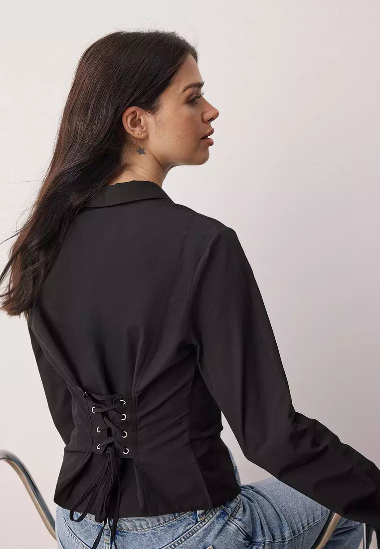 Black Corset Detailed Fitted Waist Shirt Twoaw26Go55