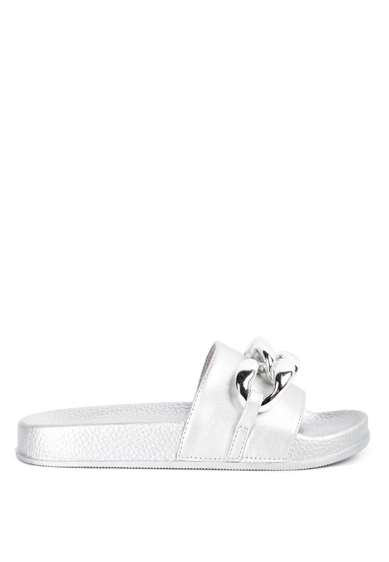 Silver Metallic Chain Slider Flats