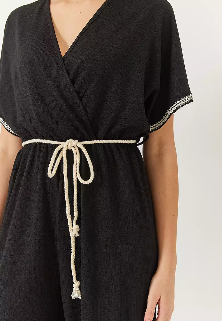 Women's Double Breasted Collar Sleeve Detail Elastic Waist Belted Crinkle Jumpsuit 60261418