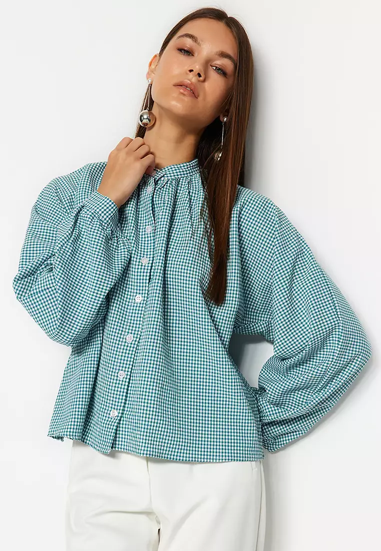 Plaid puff sleeve blouse deals