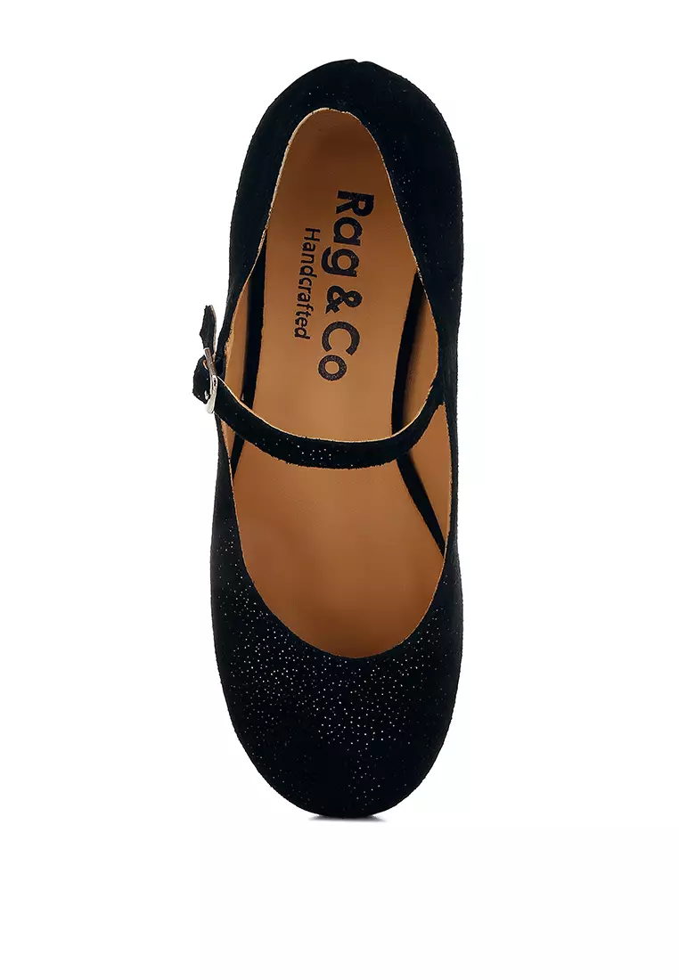 Sandal Mary Jane Suede Berkilau Hitam