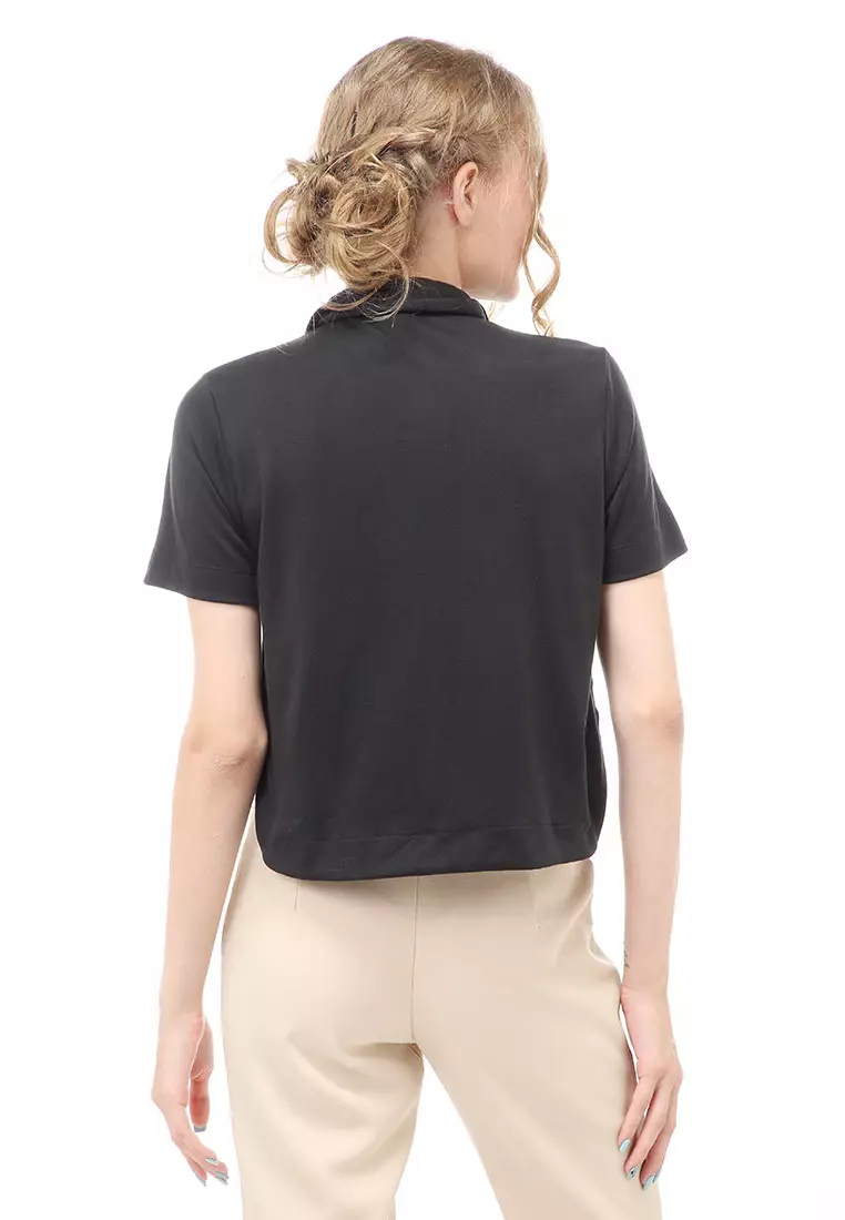 Holly Atasan Kasual Wanita Top Kemeja Crop Lengan Pendek Double Placket Material Cotton ORIGINAL - Black