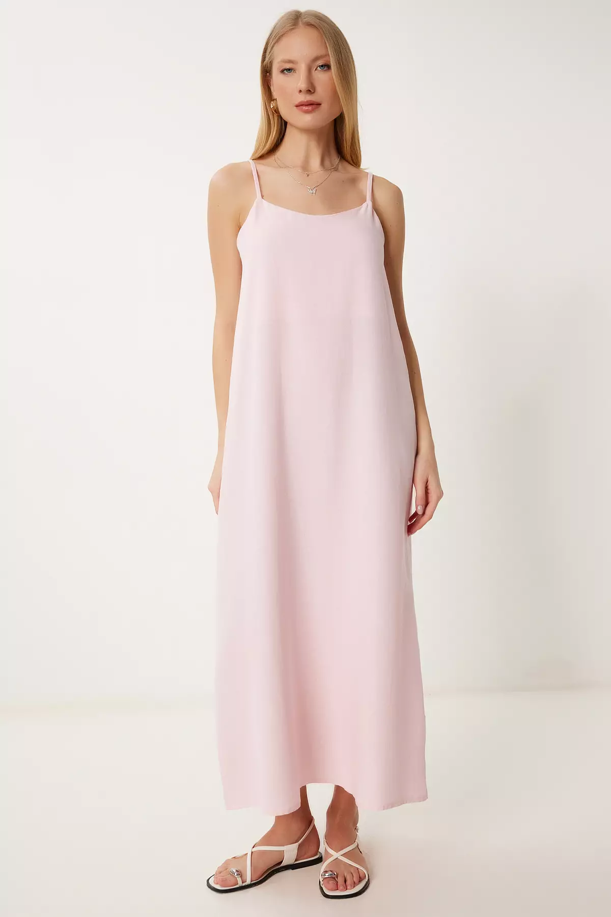 Women's Candy Pink Linen Blend Strap Summer Dress Hf00474