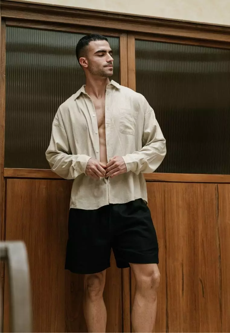 Elnido Celana Pendek Pantai Linen Pria Hitam | Linen Beach Shorts Men Black