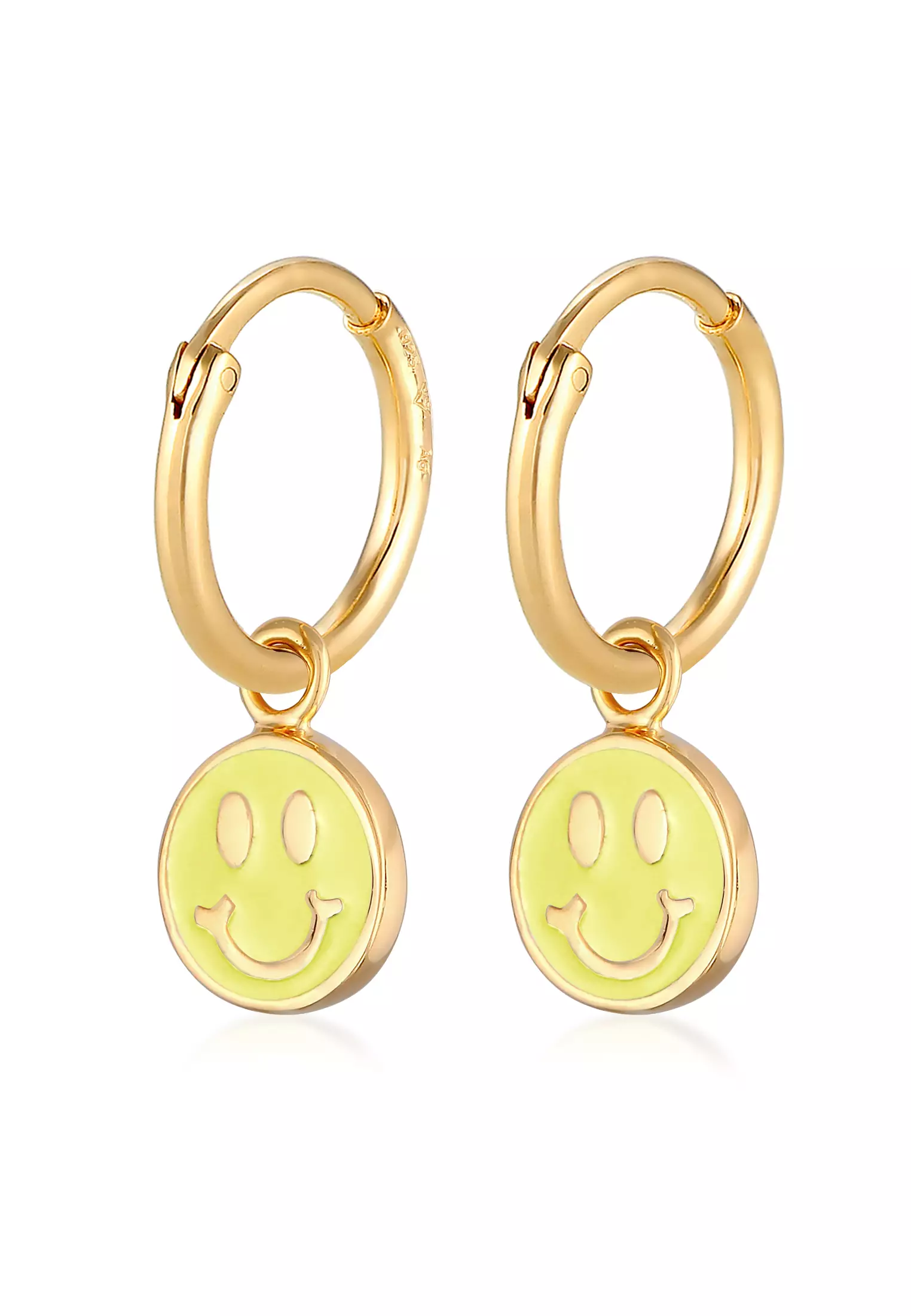 Earrings Platelet Smiley Yellow Enamel Gold Plated