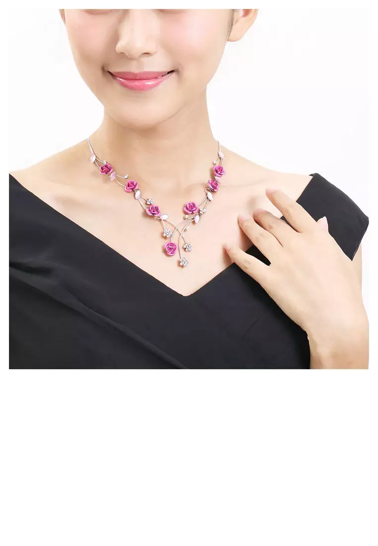 Elegant Rose Necklace with Silver Austrian Element Crystals and Crystal Glass