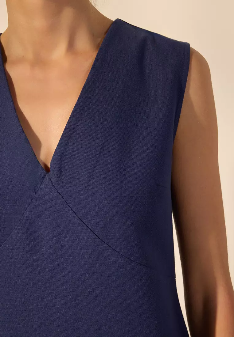 Navy Blue Linen Blend A-Line Mini Woven Dress TWOSS25EL00645