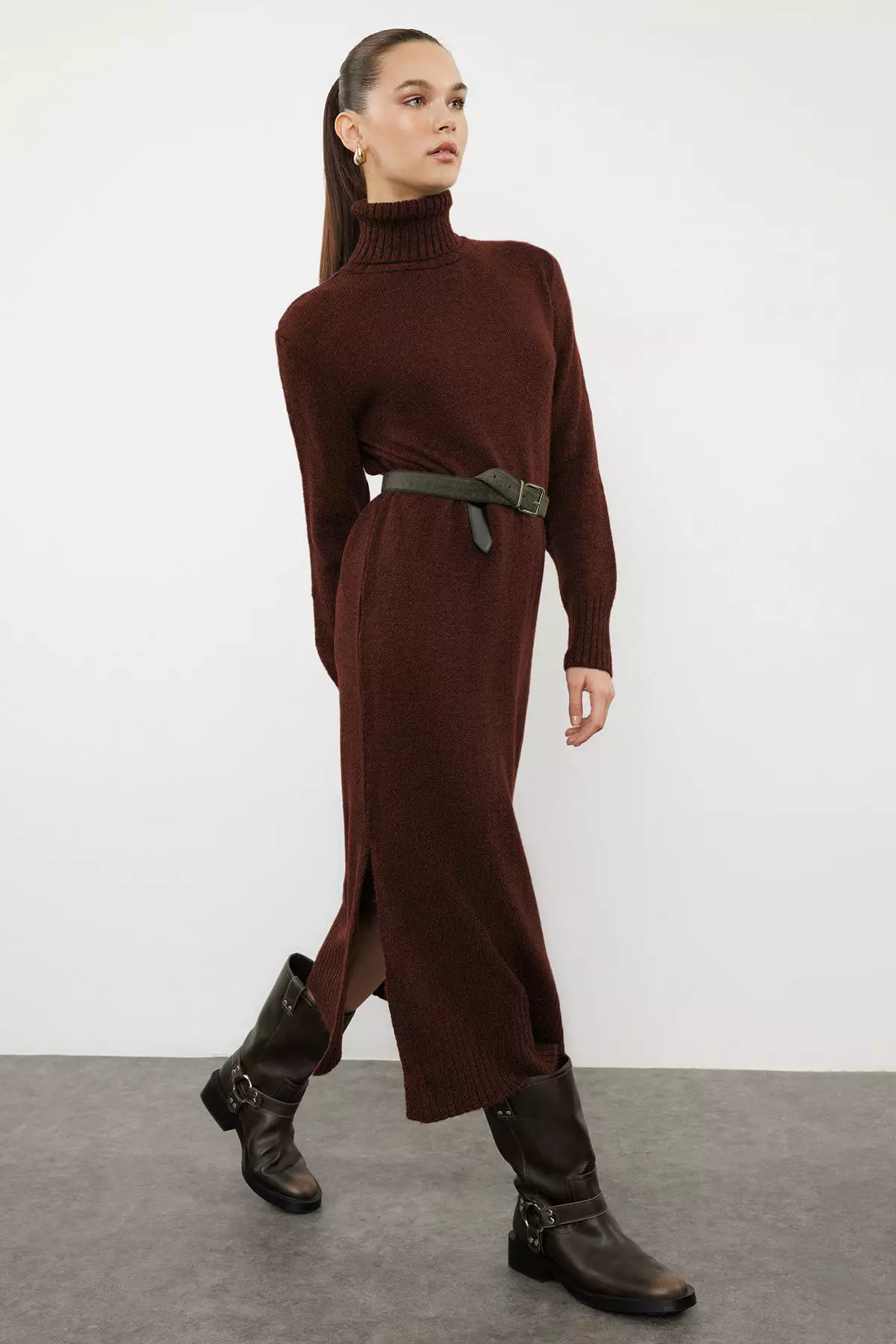 Brown Midi Wide Fit Soft Texture Knitwear Dress