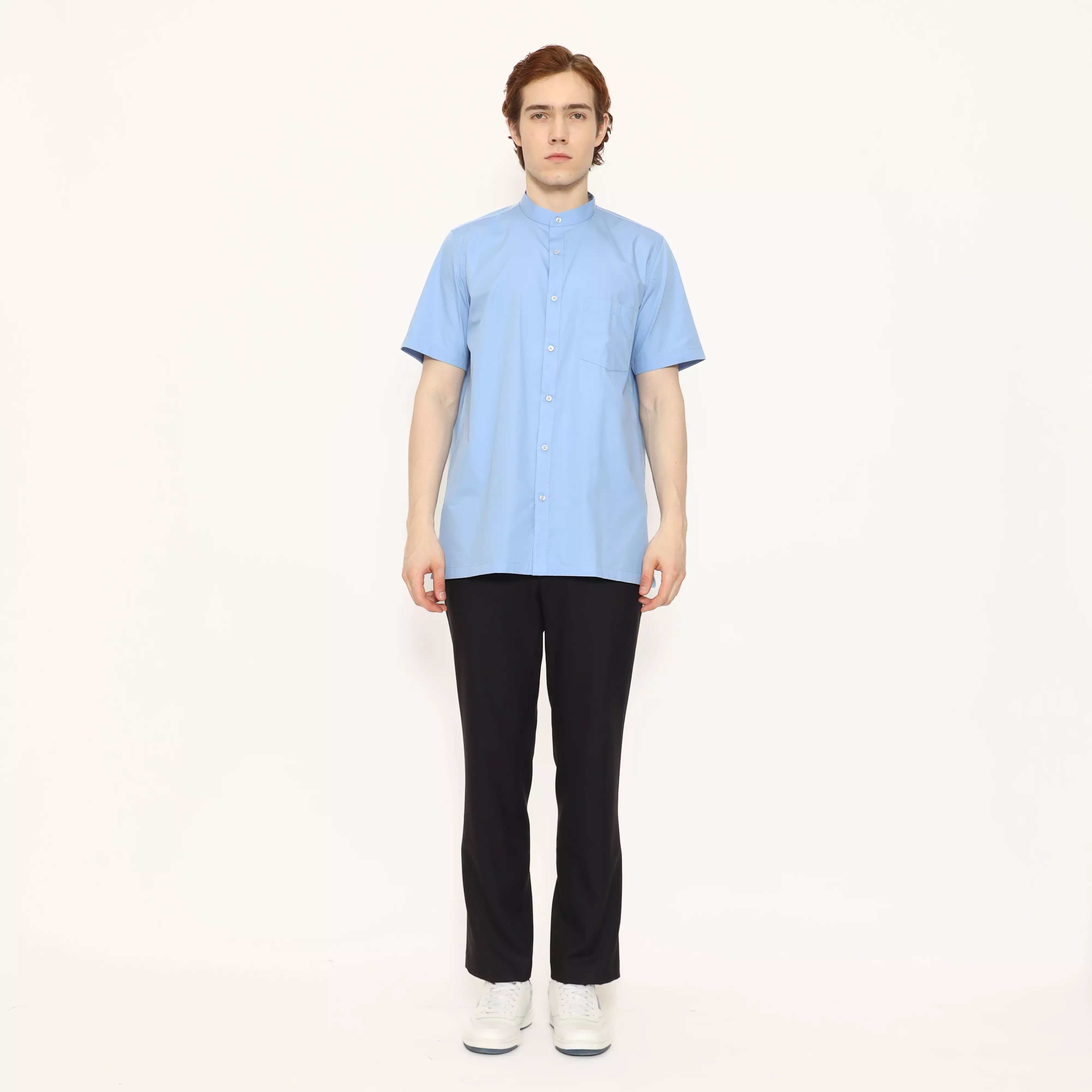 LAWELL ALARA-S Baju Koko Pria Lengan Pendek Regular Fit Kerah Mandarin Polyester Cotton Premium Warna Light Blue