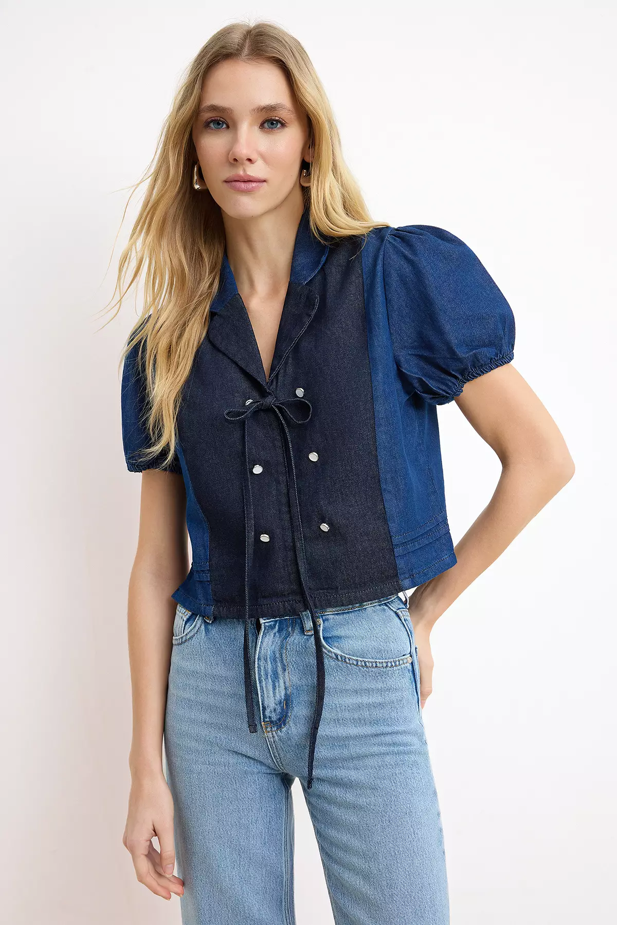 Nasiba Hafiz X Trendyol Collection Balon Sleeve Color Block Denim Blouse Twoss26Bz423