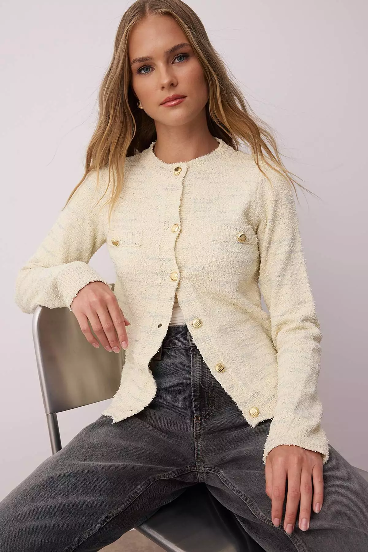 Beige Gradient Patterned Soft Textured Knitwear Cardigan