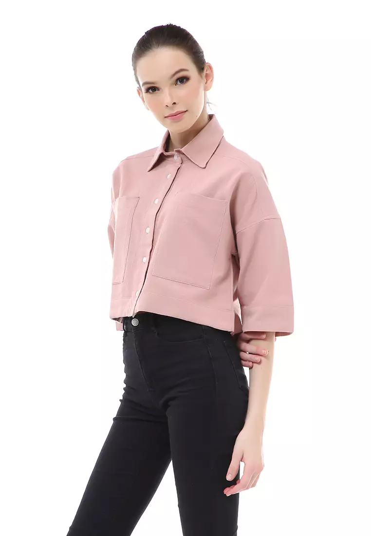 Brielle Atasan Wanita Kemeja Crop Oversize Shirt Lengan Panjang Material Linen ORIGINAL - Dusty Pink