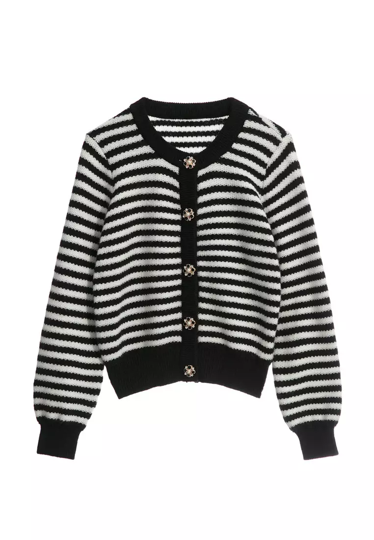 Black White Stripe Long Sleeve Knit Top