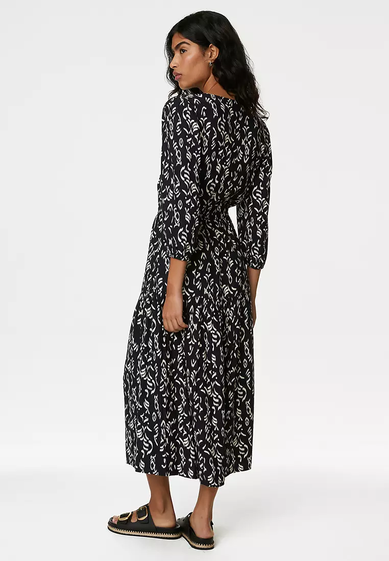 Printed Tie Neck Midi Tiered Dress