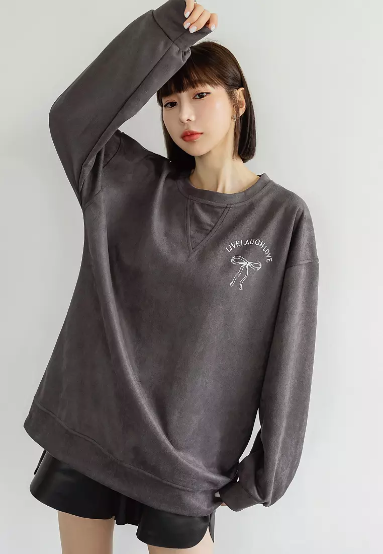 麂皮絨芭蕾風蝴蝶結印花大學T《AB19959》