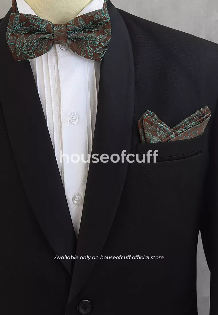 Houseofcuff dasi kupu pria bowtie pocket square jacquard coklat motif batik