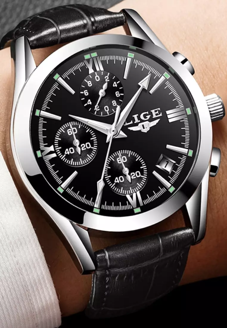 Chronograph Unisex Stainless Steel Quartz Watch, black dial, black leather strap