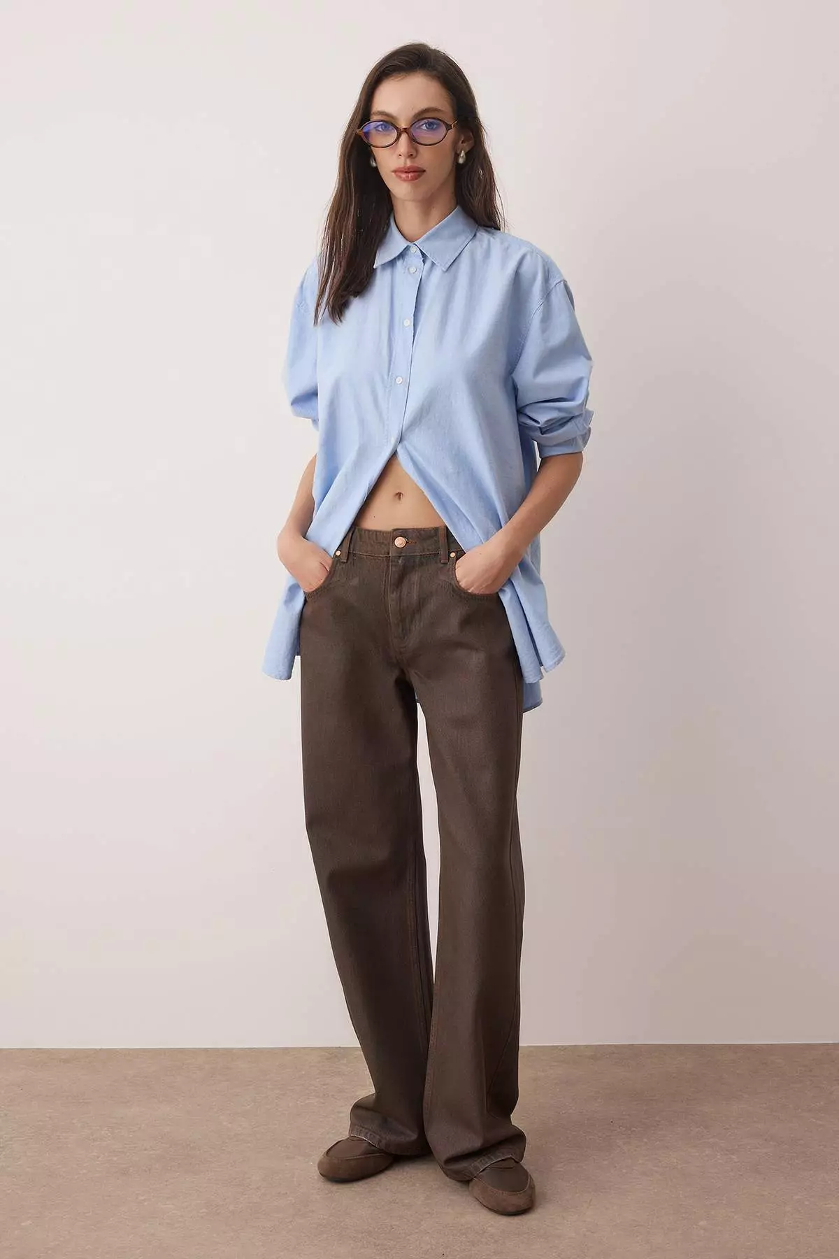 Brown Regular Waist Denim Coated Detailed Leather Look Wide Leg Jeans Twoaw26Je00117