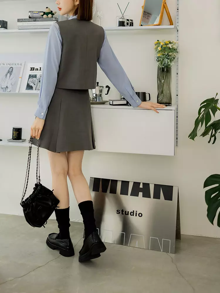 V-shaped pleated A-line blazer set mini skirt [CA2981]