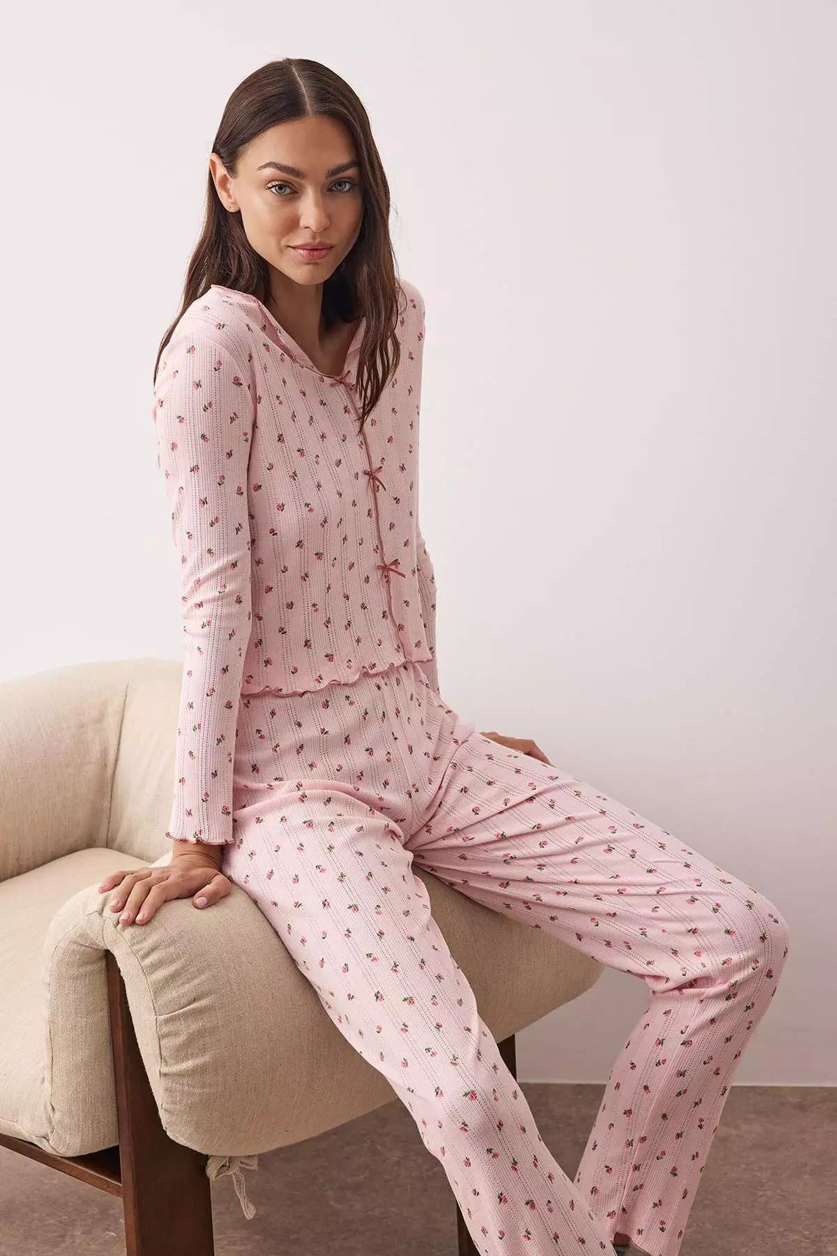 Pink Floral Ribbon/Bow Ribbed/Pointel Knitted Pajamas Set