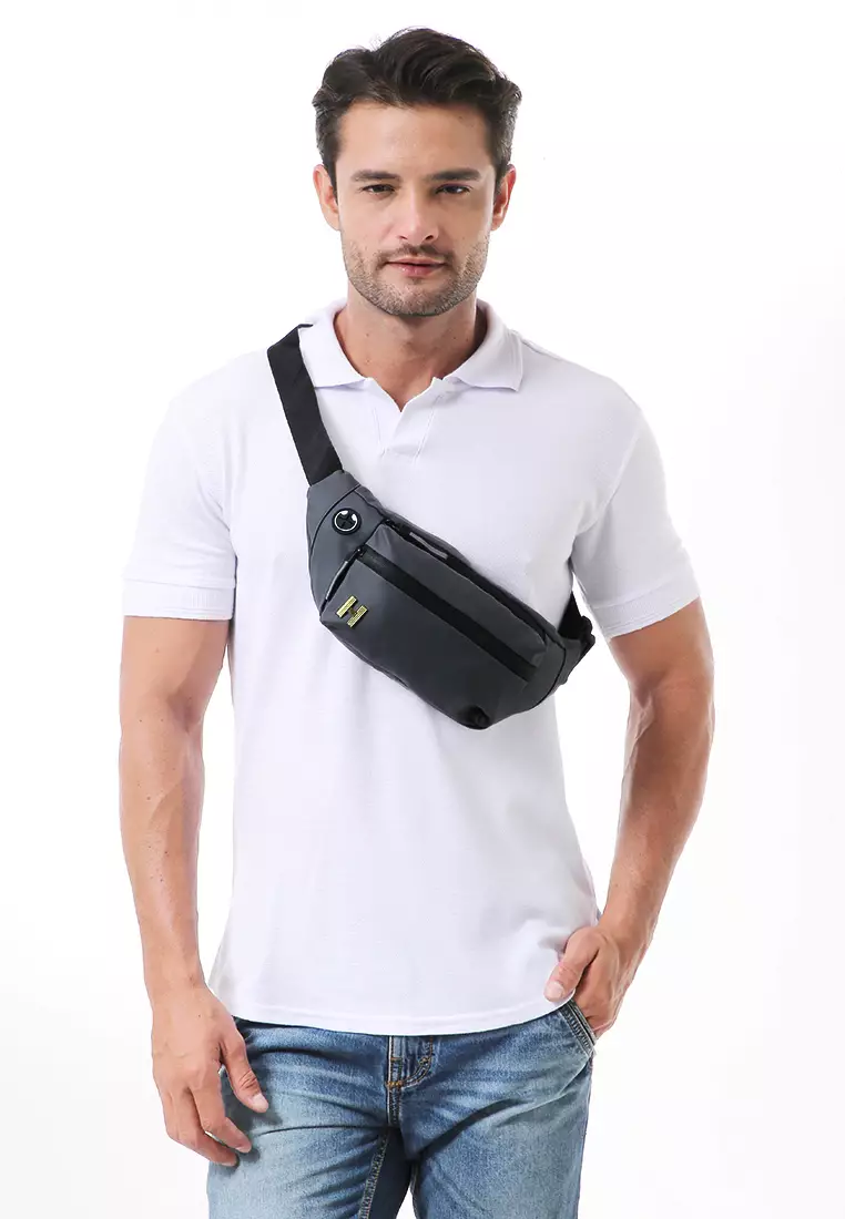 Roger Tas Selempang Pria Tahan Air Waistbag with Hole for Earphone Material Oxford ORIGINAL - Gray