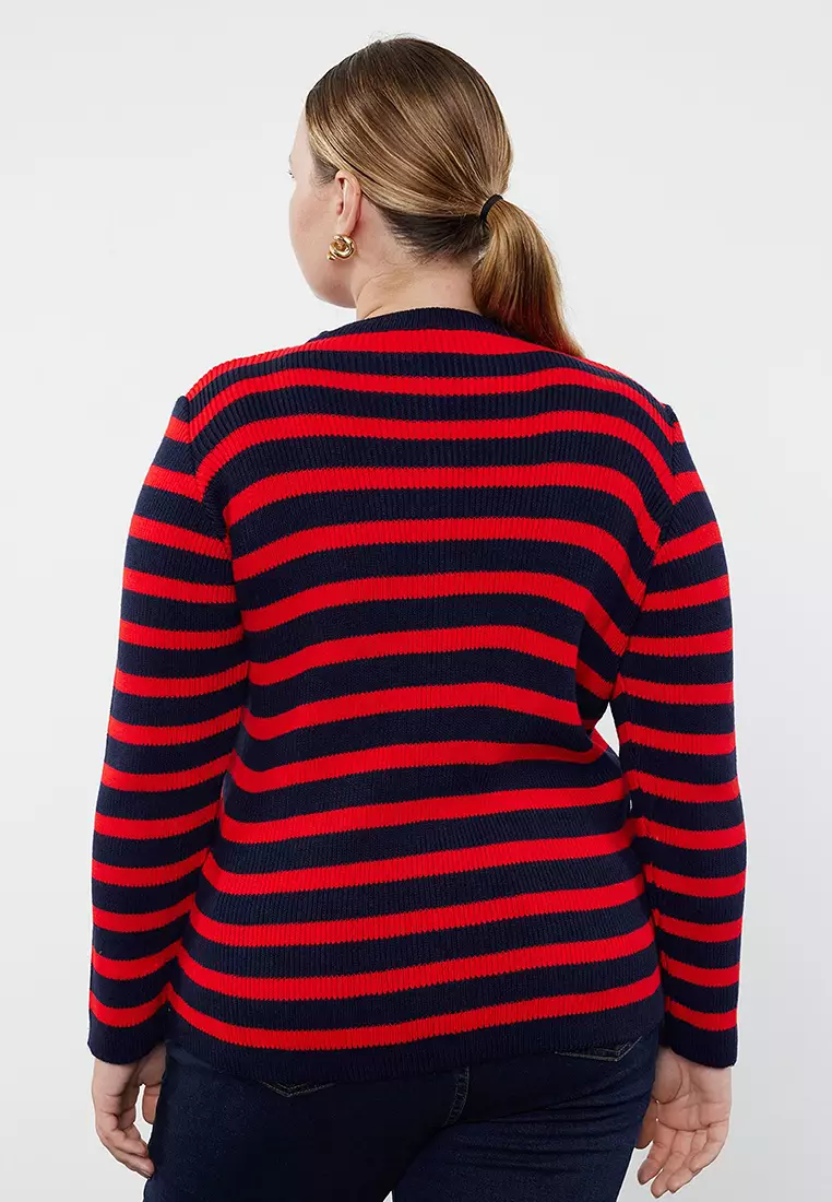 Navy Blue-Red Striped Jacket-Look Knitwear Cardigan Tbbaw24Av00011