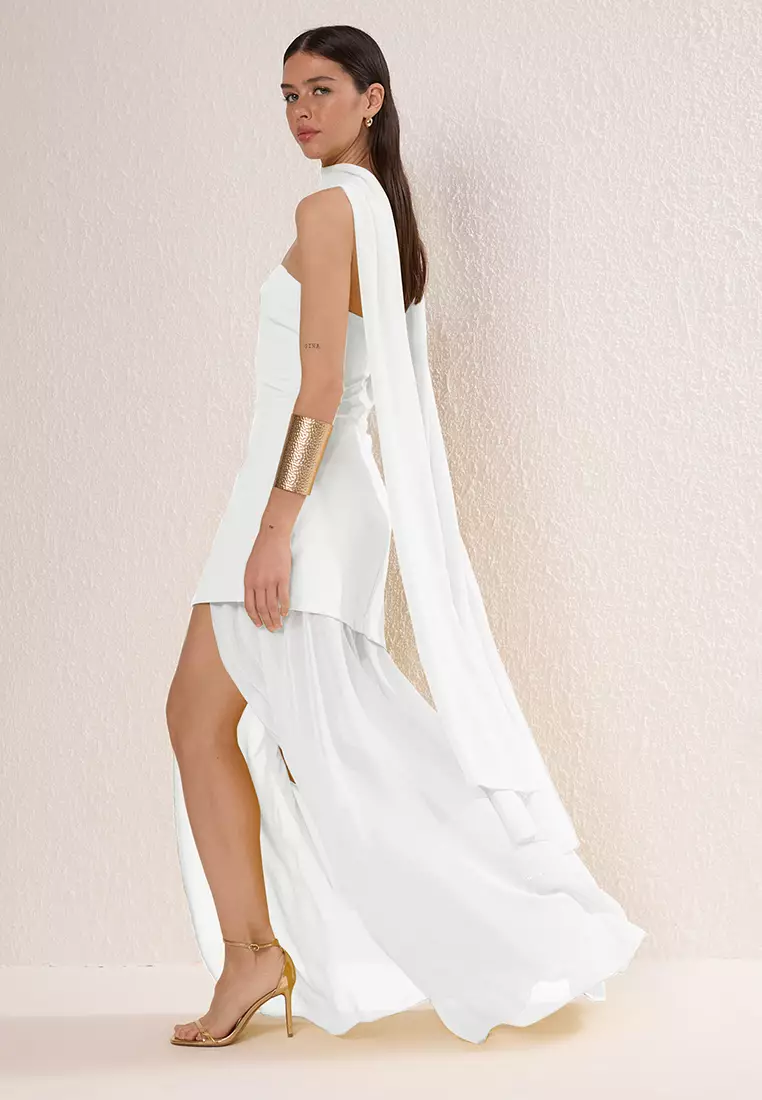 White Shawl Detailed Maxi Evening Dress
