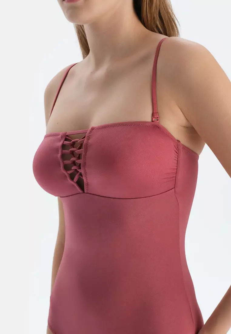 Brown Swimsuit, Removable Padding, Non-wired, Strapless Swimwear for Women