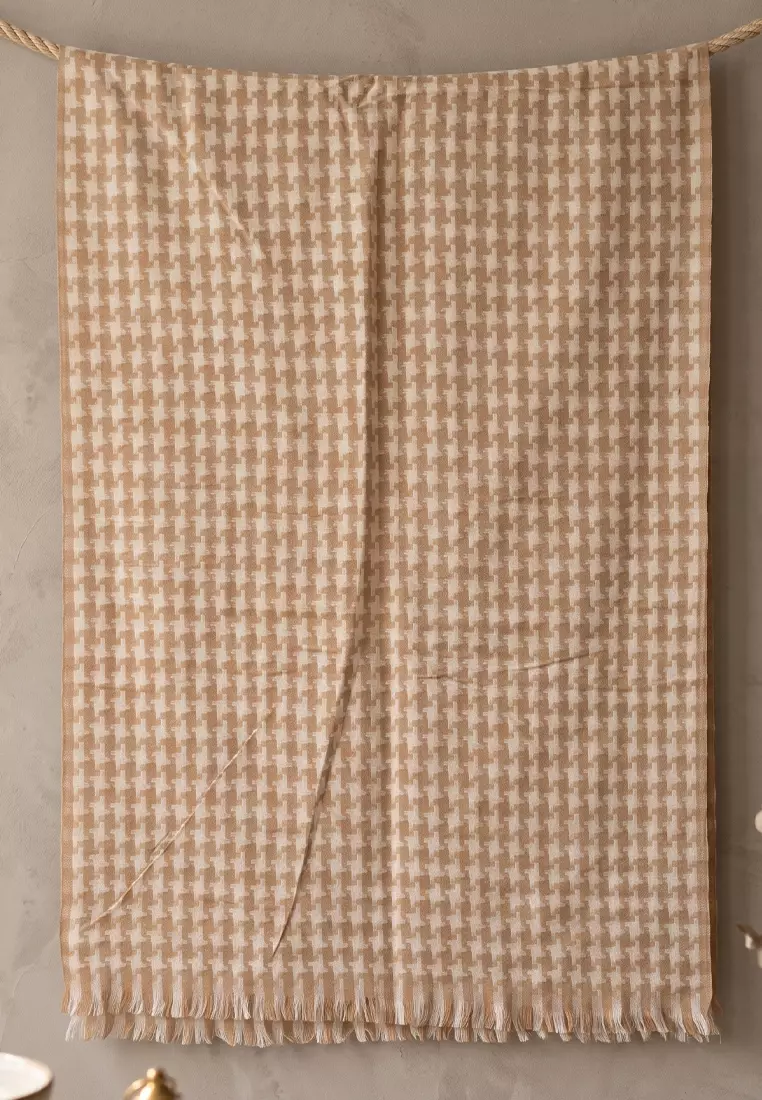 San Marco Houndstooth Cashmere Shawl Syal Wanita Kasmir Beige & White