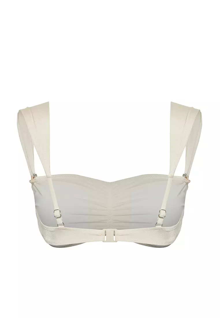 Ecru Square Neck Bow Accessorized Pretty Bikini Top