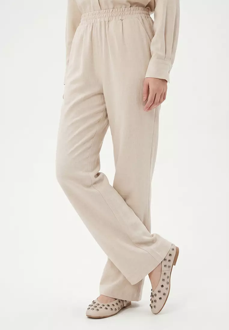 Beige Linen Look Mother-of-Pearl Buttoned Woven Bottom-Top Set TCTSS25US00029