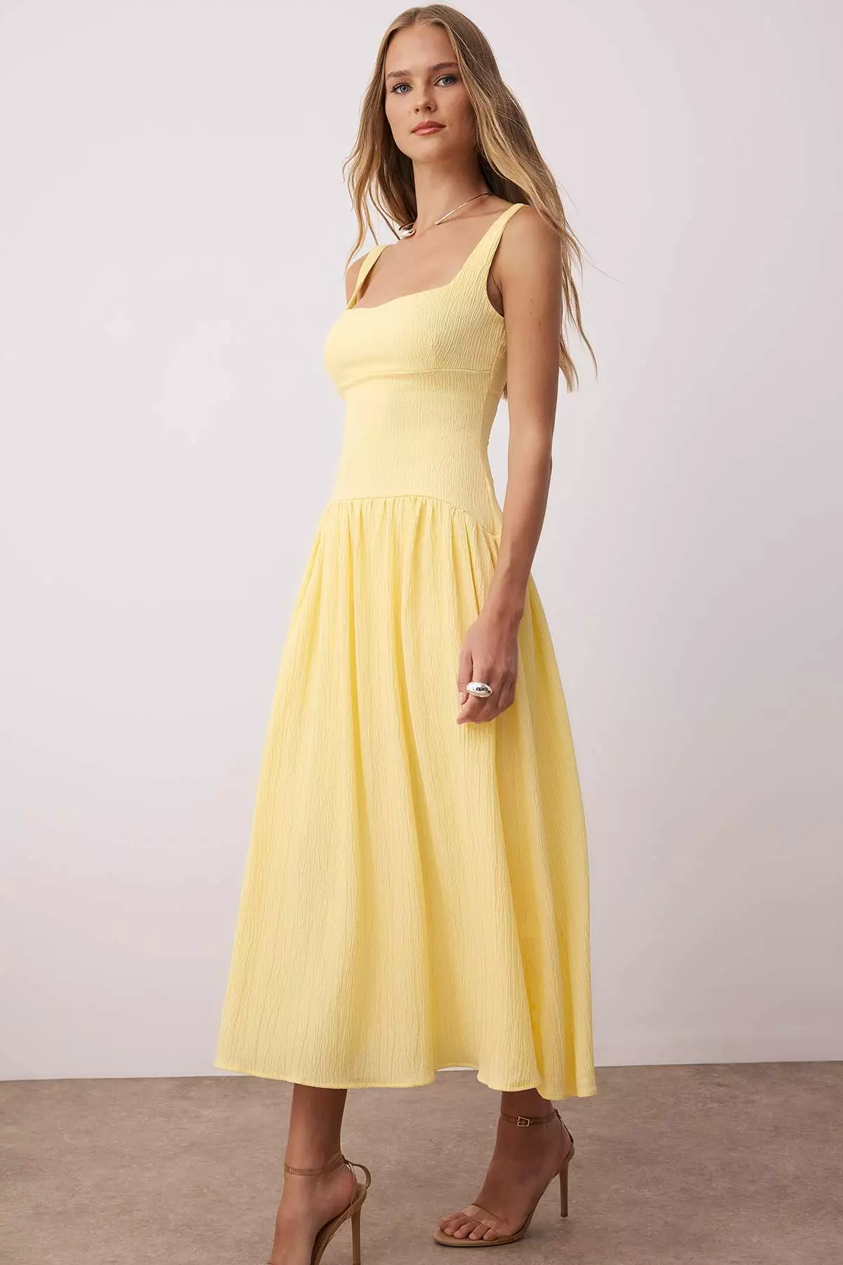 Yellow Special Fabric Corset-Look Backless Woven Skirt Wide Midi Dress Twoss25El00882