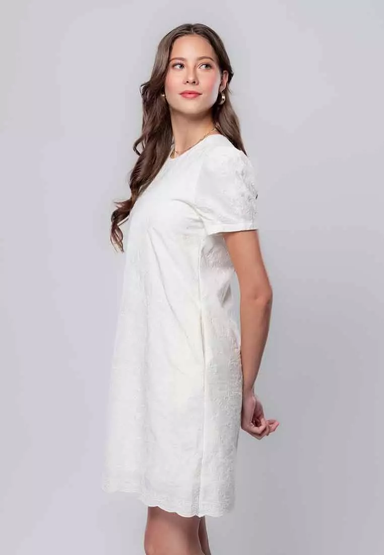 Nivara Eyelet Shift Dress with Puff Sleeve