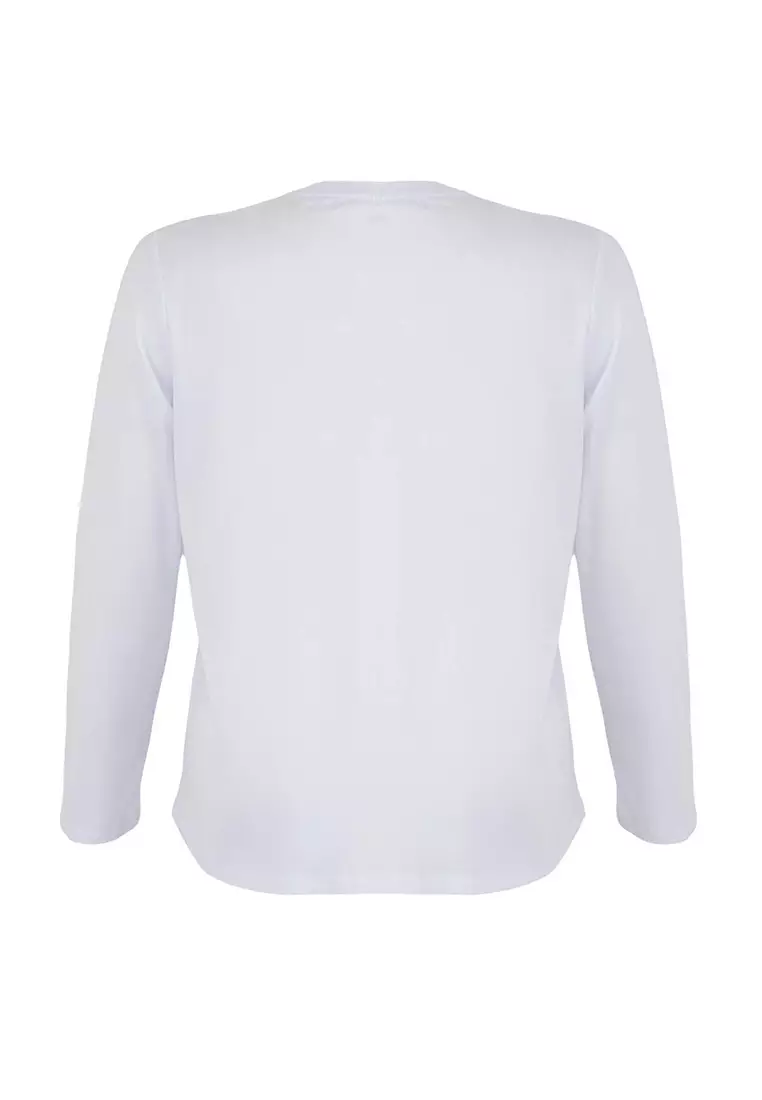 White 100% Cotton Long Sleeve Crew Neck Regular Basic Knitted Plus Size T-Shirt Tbbaw26Bf00000