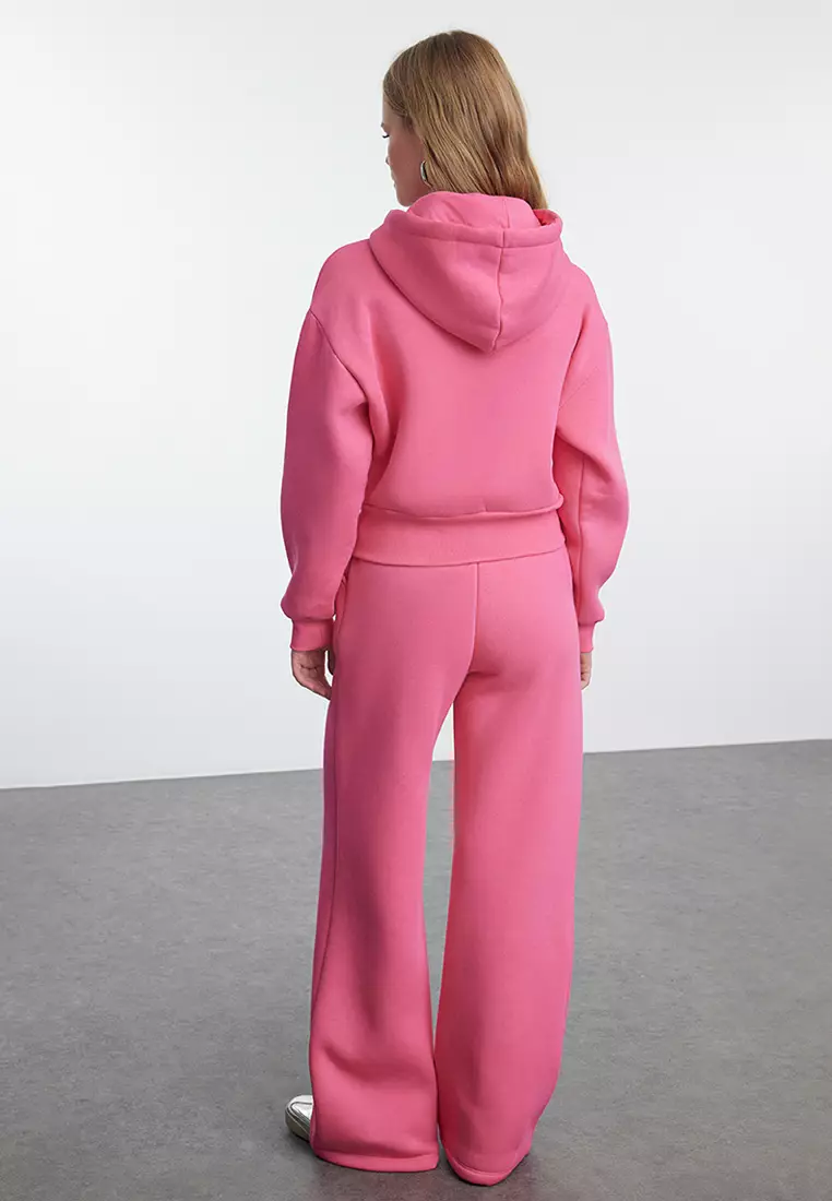 Pink 3-Piece Fleece Hooded Relaxed Knitted Tracksuit Set Twoaw25Em00007