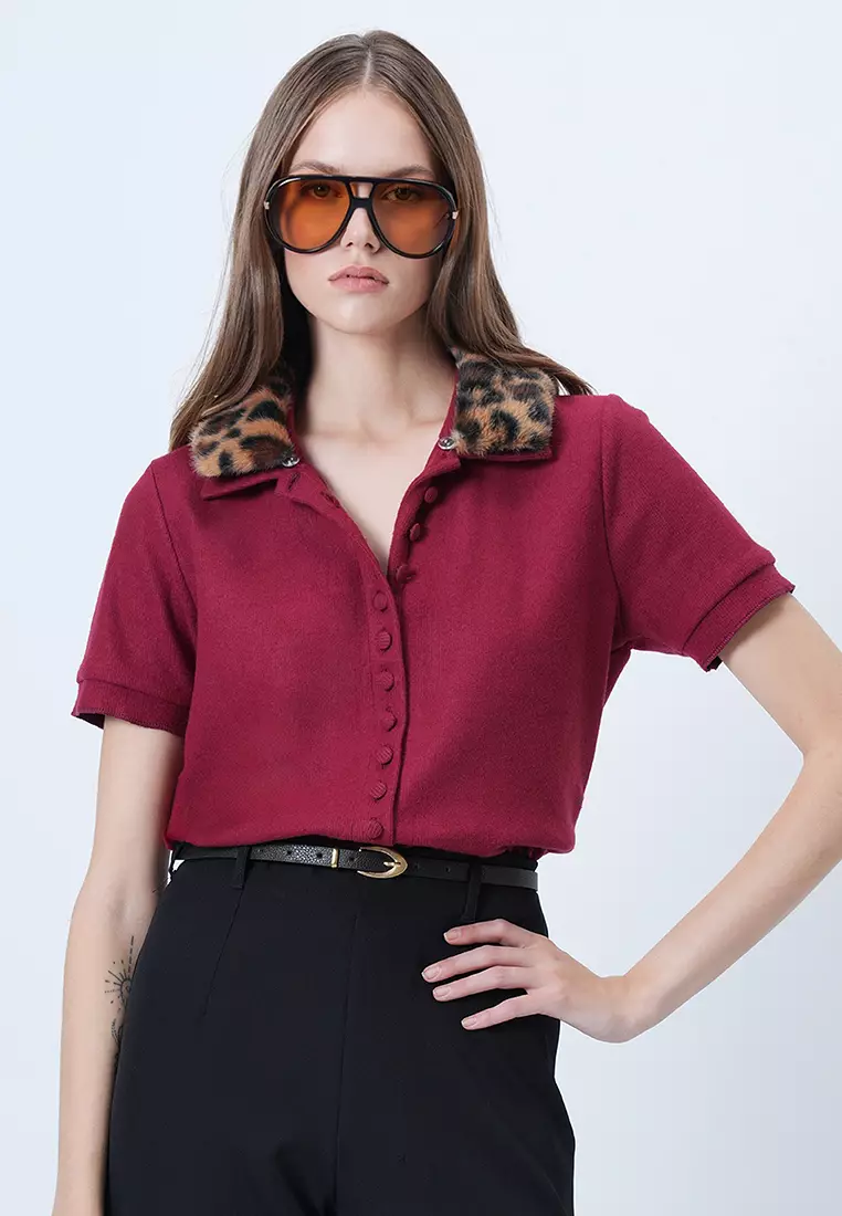 Leopard Detachable Fur Detailed Knitted Blouse