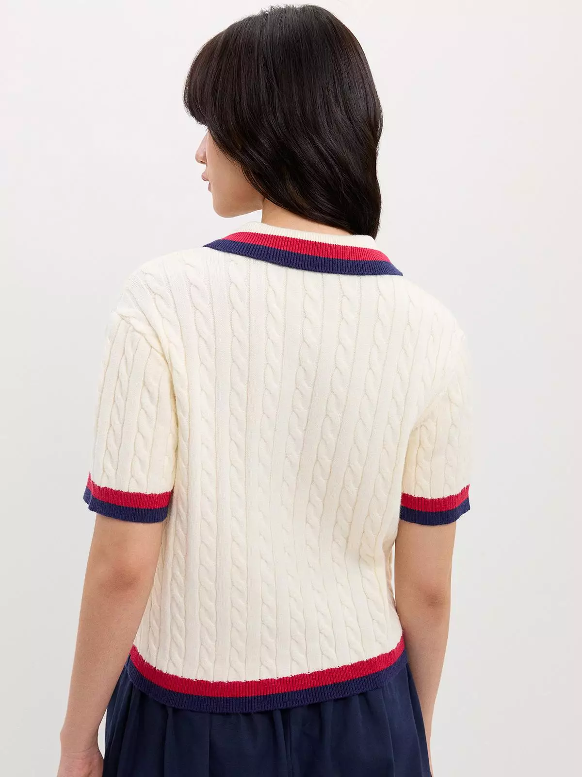 Cable Knit Polo Top - White