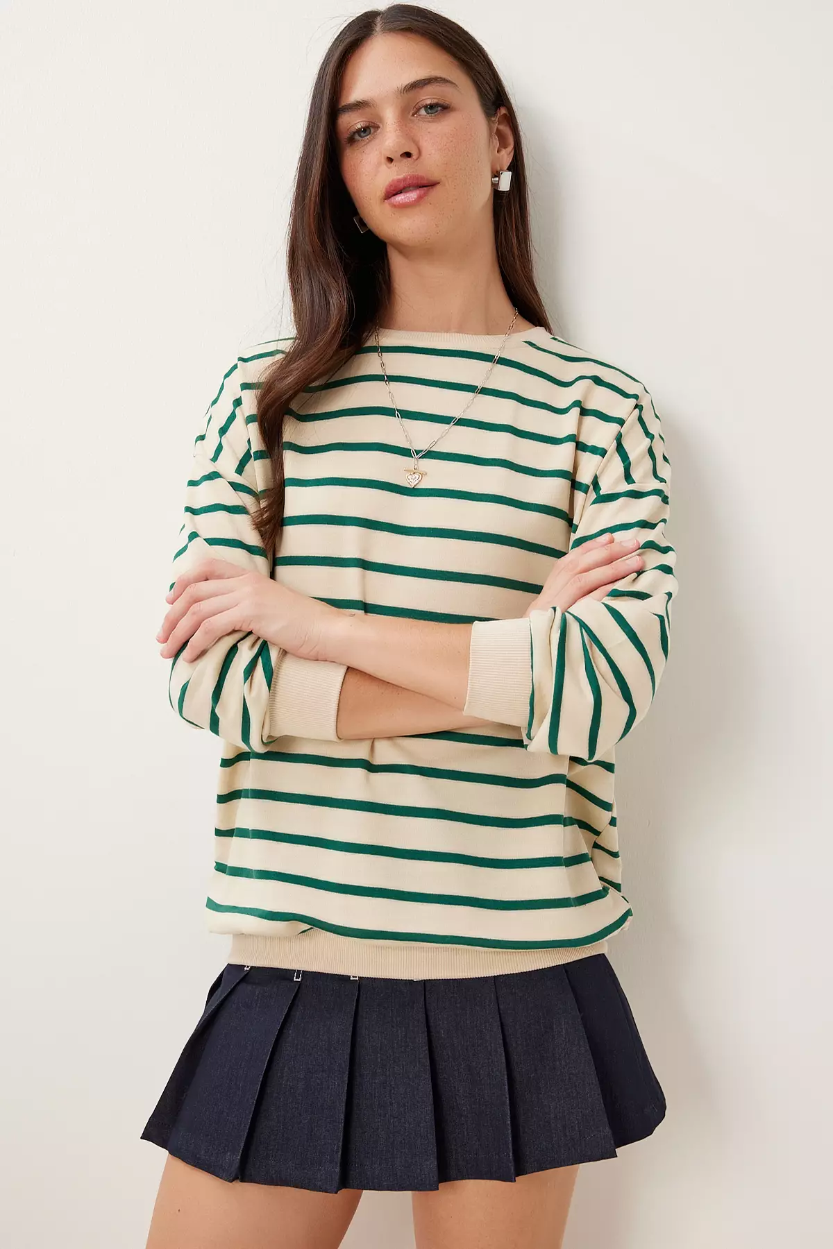 Women's Cream Green Striped Oversize Knitted Sweatshirt Zv00339