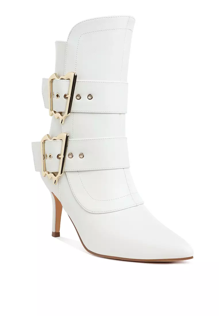 Chunky Buckle Strap Ankle Boots in White