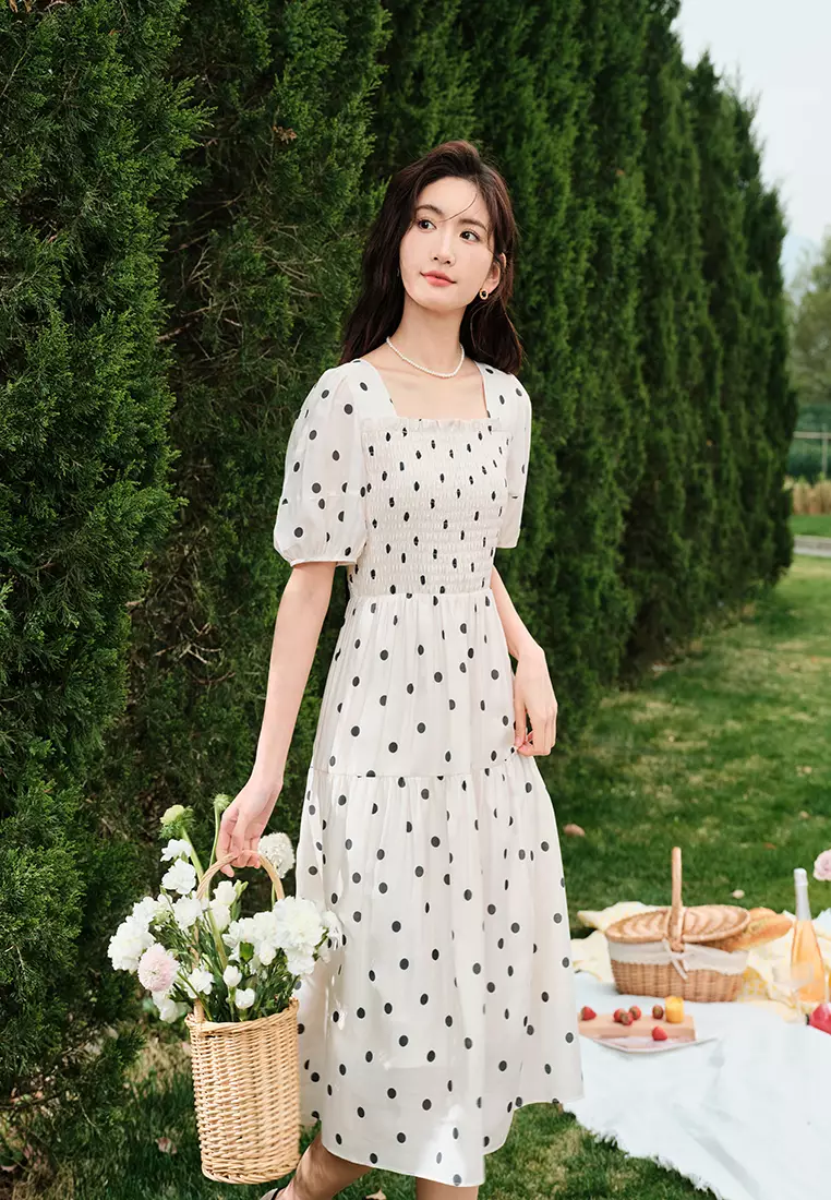 Square Neck Smocked Waist Polka Dot Dress
