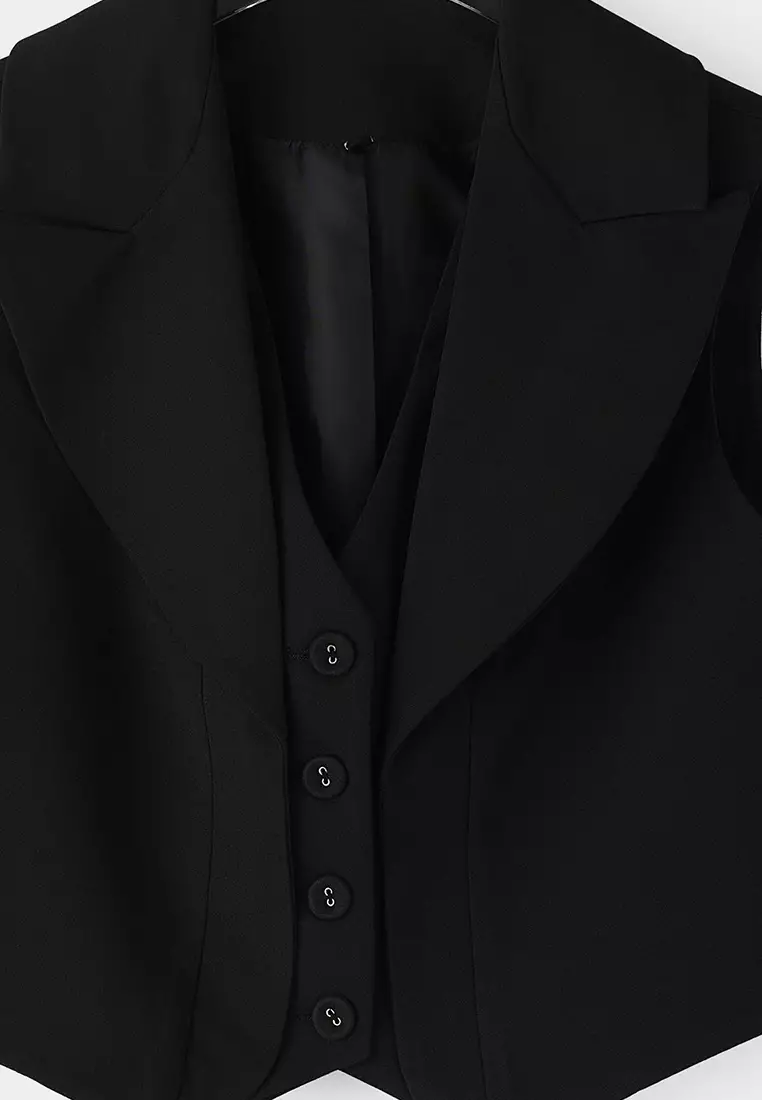 Black Crop Button Jacket Collar Vest