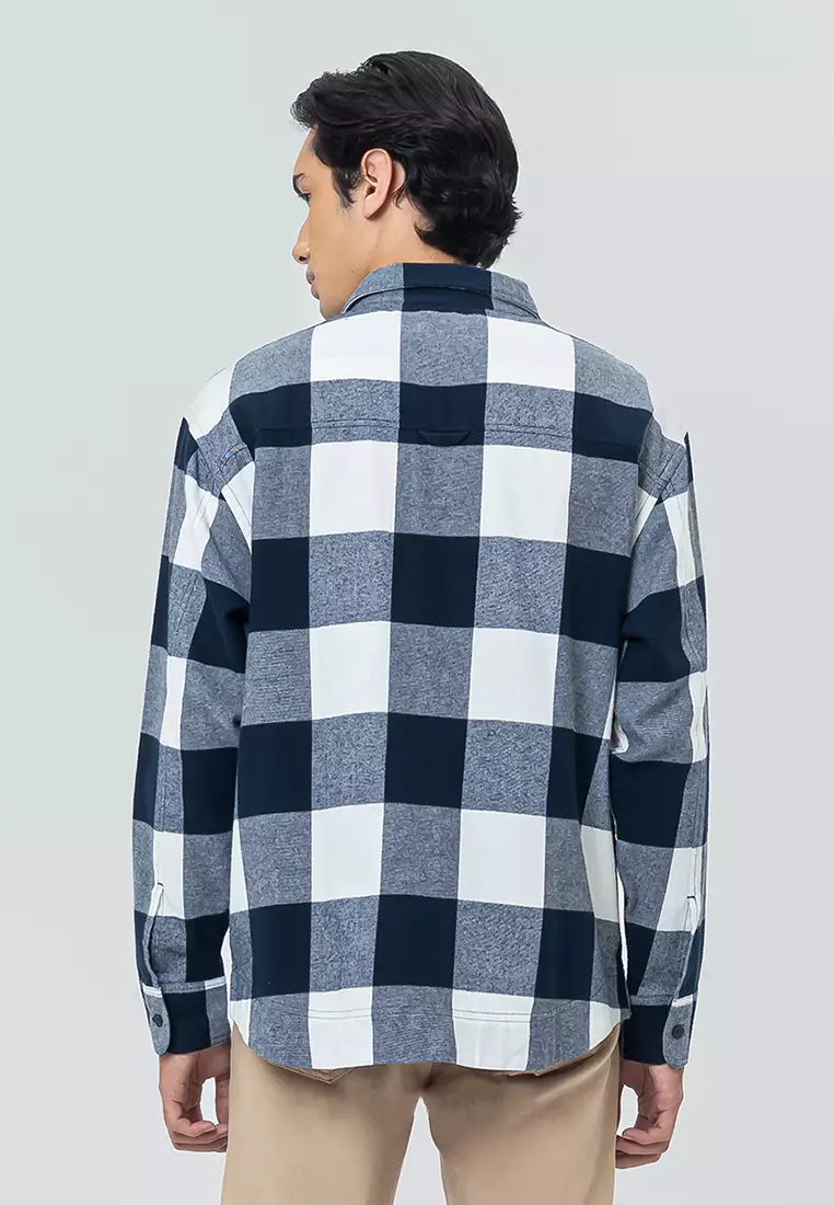 BASTIEN - NAVY WHITE Kemeja Flanel Casual Pria Lengan Panjang LS Top Man Shirt